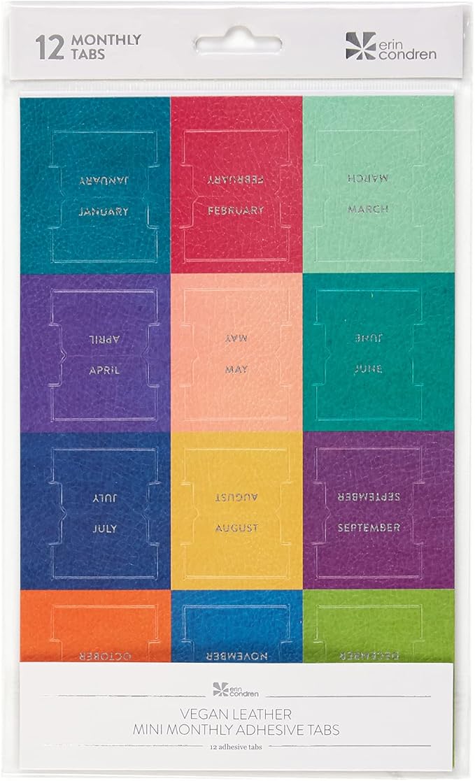 Vegan Leather Colorful + Metallic Foil Mini 12 Month Adhesive Tabs for Folders, Pages. Organize Your Files, Books and Agenda's with These Sticky January Through December File Tabs - Erin Condren