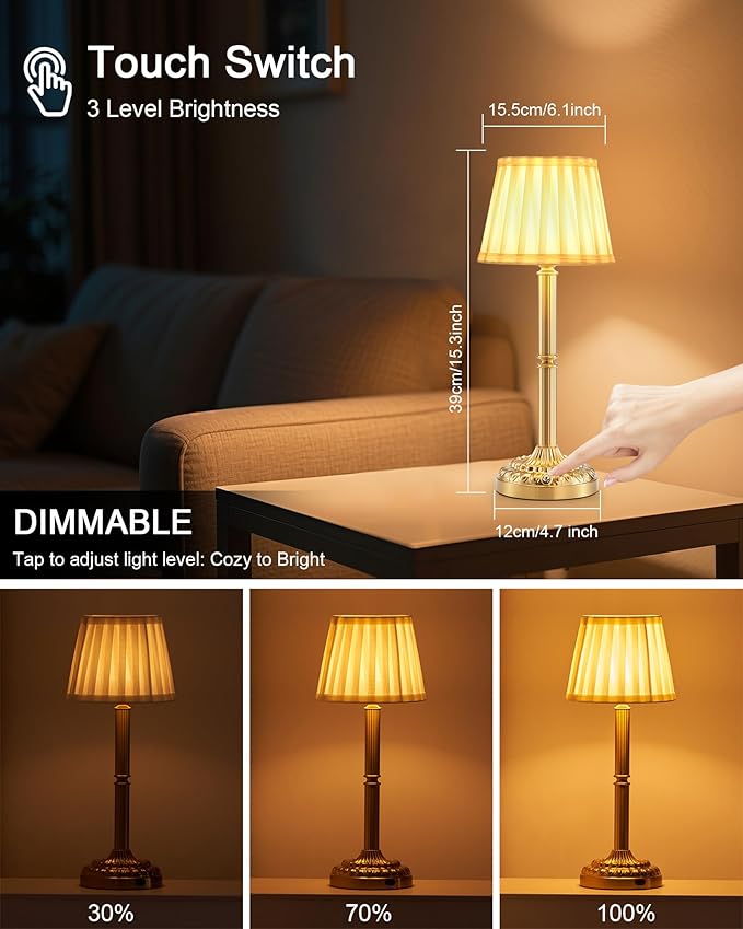 Vintage Brass Cordless Rechargeable Table Lamp with Fabric Shade – Small Battery Operated Lamp, 3-Level Dimmer, Portable Wireless Lighting for Restaurant Dining Bedside Kitchen Living Room Patio