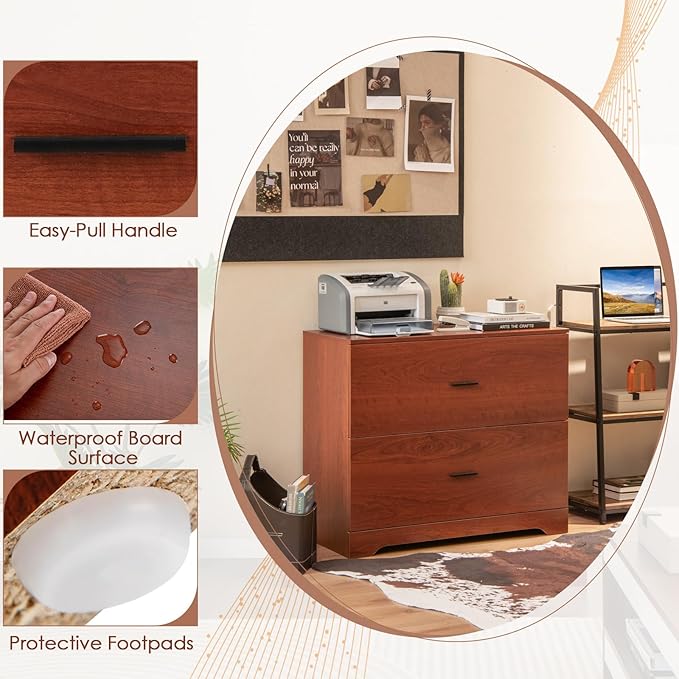 Giantex Office File Cabinet 2 Drawer - Lateral Filing Cabinet w/Anti-Toppling Device, Hanging Bars, Home Office Furniture for Hanging File Folders A4/Letter/Legal Size, File Storage Cabinet (Walnut)