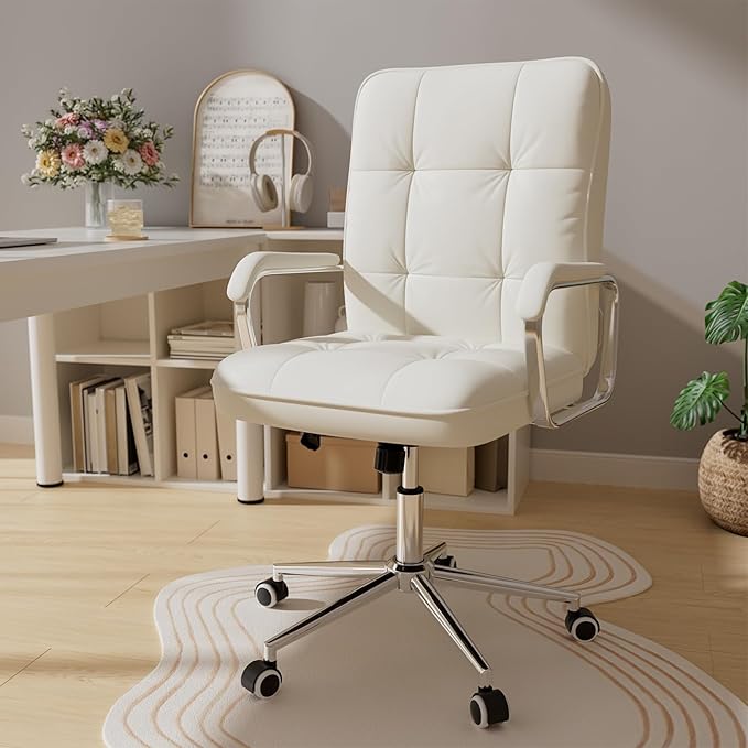 White Office Chair with Soft Leather, Swivel Computer Home Office Desk Chair with Wheels and Padded Arms, Adjustable Height and Tilt