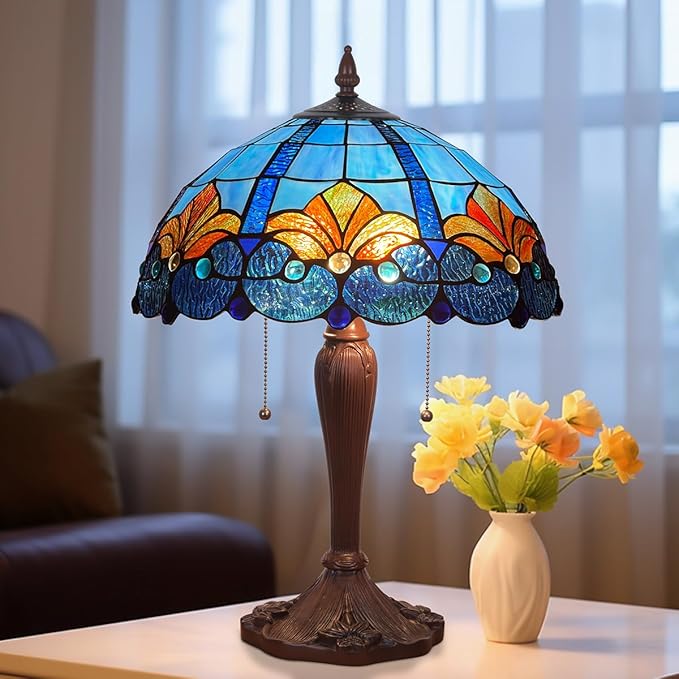 Tiffany Table lamp, Blue Stained Glass Desk Light - Antique Style 16” Large Nightstand Bedside Reading Light for Living Room Bedroom Office