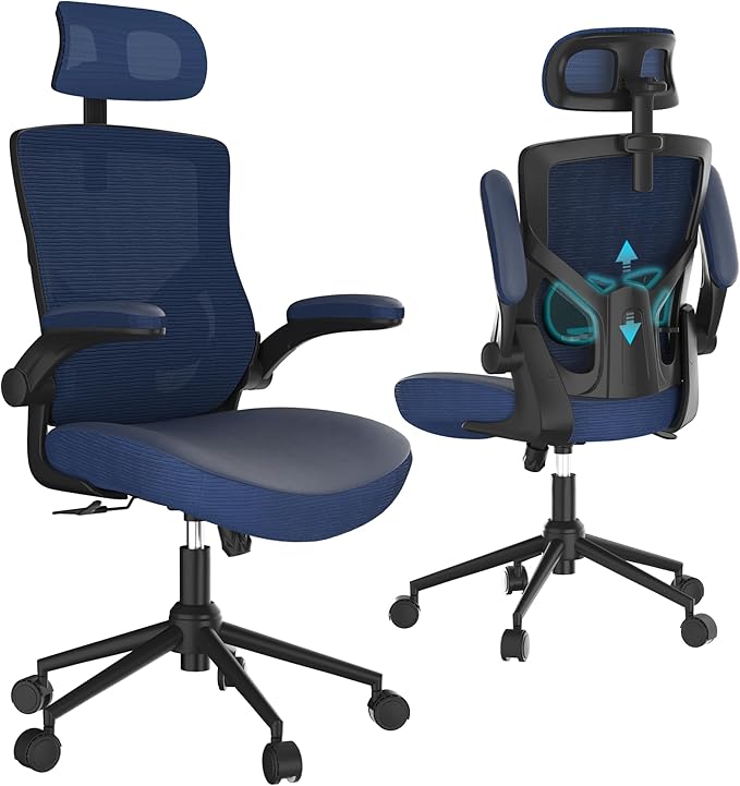 Home Office Chair, Ergonomic Comfy Desk Chair, High Back Computer Chair- Adjustable Headrest with Flip-Up Arms, Lumbar Support, Swivel Executive Task Chair (Portimao Blue, Modern)