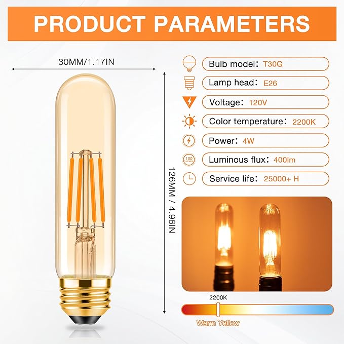 ToBeGreat T30 Light Bulbs 4 Watt Equivalent 40W Bulb E26 Tubular Bulbs T10 LED Bulb Warm White 2200K,Desk Lamp,Bedbroom Bathroom Dimmable,Chandelier (Amber, 5 in (6pack))