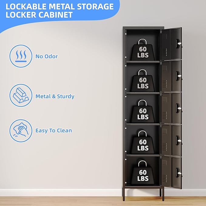 Metal Locker with Lock and Ventilation Holes,Metal Storage Locker with Business Card Slof for Home,Gym,Garage,School,Office,66" H x 15.8" W x 15.8" D Assembly Required,Black