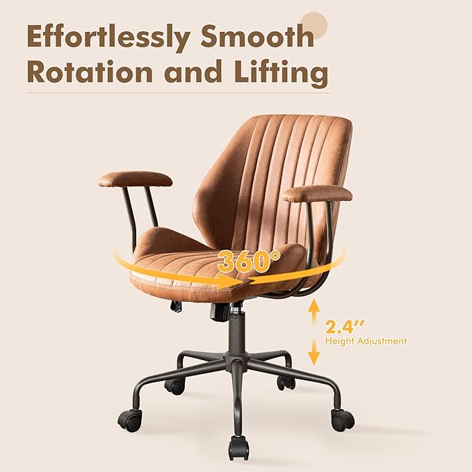 Mid Back Office Chair Mid Century Modern Executive Chair,Lumbar Support Ergonomic Home Office Desk Chair,Rolling Swivel Task Chair Task Chair Armrests Height Adjustable,350lbs (Brown)