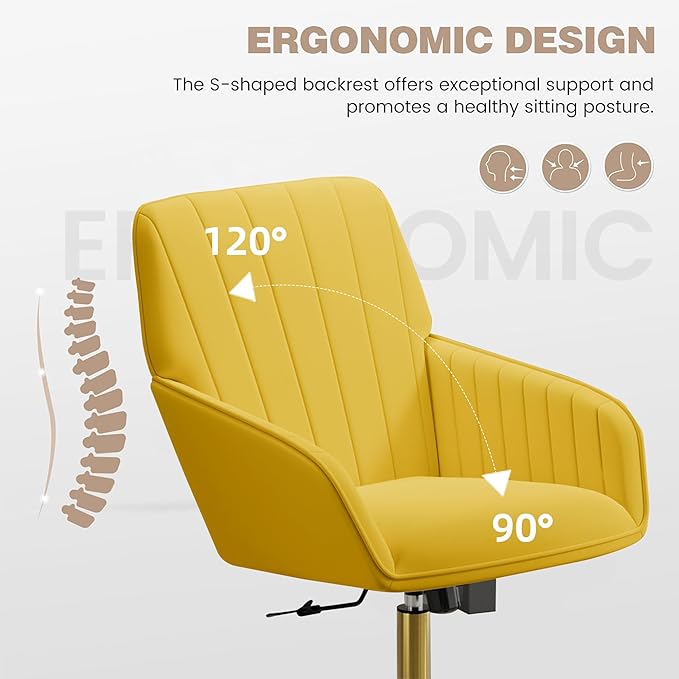 YISHENG Velvet Office Desk Chair with Gold Base, with Wheels,Modern Height Adjustable 360 Degree Swivel Upholstered Vanity Chairs with Arms for Living Room Bedroom.Yellow