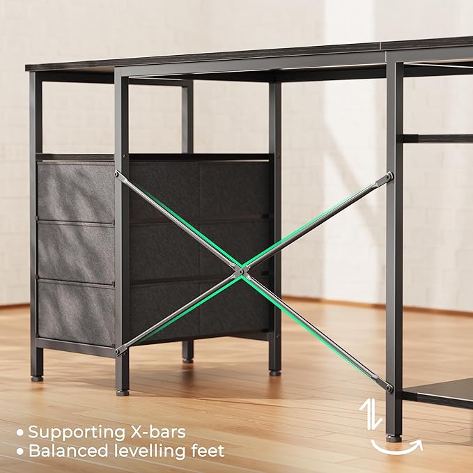 Huuger L Shaped Office Desk with Power Outlets, 47 Inch Computer Desk with 3 Drawers, Shelves, for Gaming, Corner Work, Home Office, Study, Black