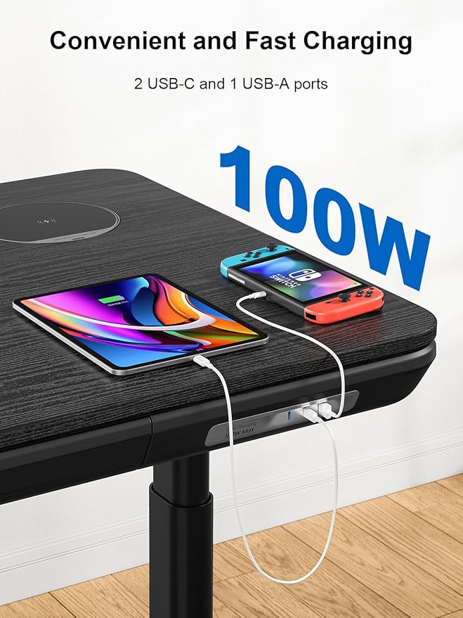 Smart Executive Electric Standing Desk, Wireless Charging, with Storage Drawer, Hidden Power Strip, Black