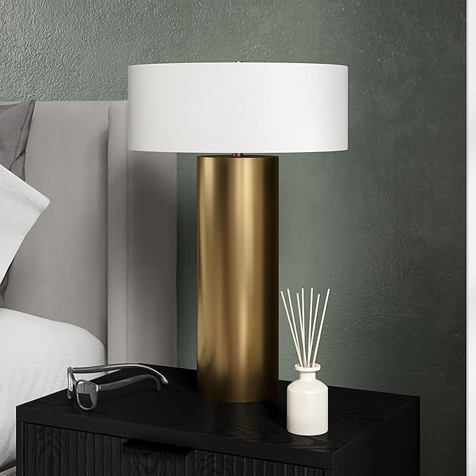 Henn&Hart 24'' Mid-Century Modern 1-Light Table Lamp with White Fabric Drum Shade for Living Room, Bedroom, or Office, Brass