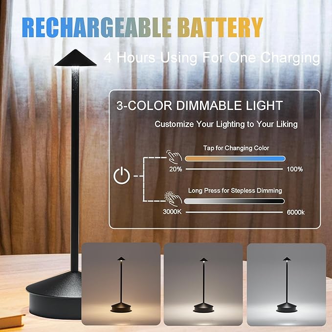 Cordless Rechargeable LED Table Lamps, 1800mAh Battery Desk Lamp Outdoor Portable Touch Dimmable Table Night Light for Patio Restaurant Dining Home Set of 2 White
