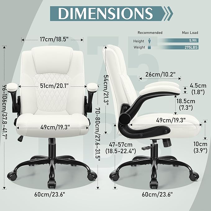 Leather Office Chair, PU Home Computer Desk Chairs with Ergonomic Back Support, 360° Swivel Free,Small Gmaing Chair with Wheels and Adjustable Armrests, for Short People Use, White