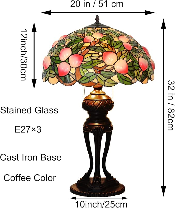 Tiffany Lamp Table Lamp Rose Dragonfly Tulip Wisteria Grape Peach Kapok Peony Apple Flower Design Stained Glass Lampshade Desk Lamp for Girl Living Room Iron Base W20 XH32,Peach