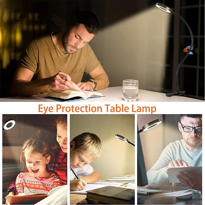 Clip on Light LED Reading Book Study Lamp 3 Color Modes 10 Brightness Eye Protection 360° Flexible Gooseneck Student Dormitory Office Desk Lamp at Night in Bed
