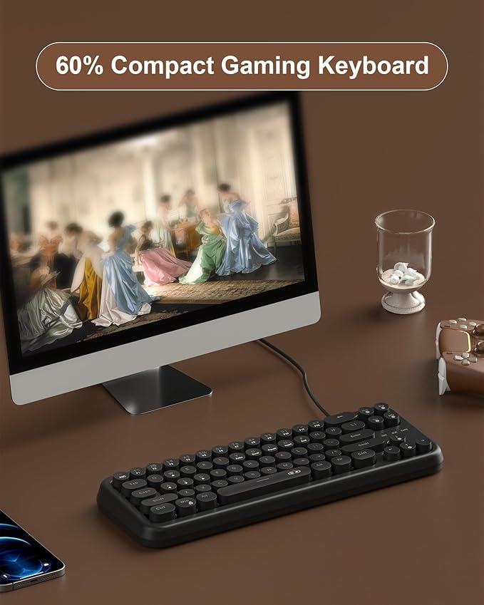 MageGee Typewriter Style 60% White Gaming Keyboard, Mechanical Feeling RGB Backlit 68 Keys Compact USB Wired Ergonomic Gaming Keyboard for PC, Mac, Laptop(Black)