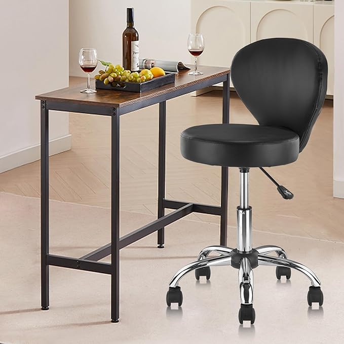 Pu Leather Round Rolling Swivel Salon Stool Chair, with Adjustable Height and Back Support for Office Massage Facial Spa Medical Drafting Tattoo Beauty Barber Black 1PK