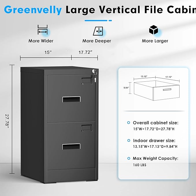 Greenvelly 2 Drawer File Cabinet with Lock, Black Metal Vertical Filing Cabinet for Home Office Fit Legal/Letter/A4/F4 Size with Hanging Bars&Key