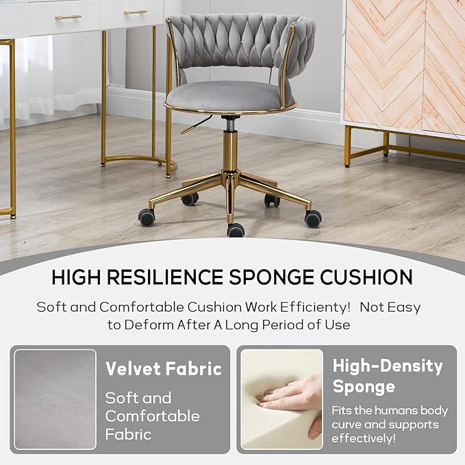NIOIIKIT Velvet Office Desk Chair with Hand Woven Backrest, 360° Swivel & Height Adjustable Task Chairs, Makeup Chair, Living Room Chairs with Stainless Base and 5 Wheels (Grey)