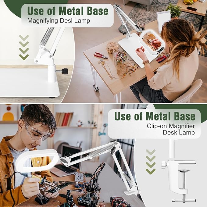 Veemagni 10X Rectangle Magnifying Glass with Light and Stand, 5 Color Modes Stepless Dimmable, 2-in-1 LED Lighted Desk Lamp & Clamp, Hands Free Magnifier for Reading Crafts Painting Close Work - White