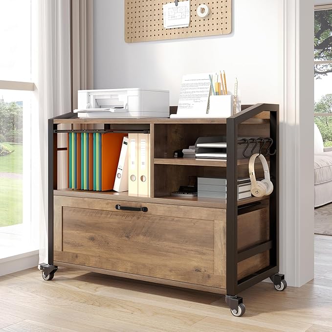 HSH Mobile Lateral File Cabinet with Drawer, Rolling Filing Cabinet for LegalLetter Size, Printer Stand with Storage Shelf, Lockable Wheels, Hanging File Organizer for Home Office, Rustic Oak, 33Inch