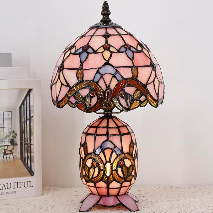 Small Tiffany Lamp Stained Glass Table Lamp Mini Mother Daughter Vase Desk Accent Light for Bedroom Bedside Reading Home Antique Style Decor 8X14 Inches (Pink Baroque)