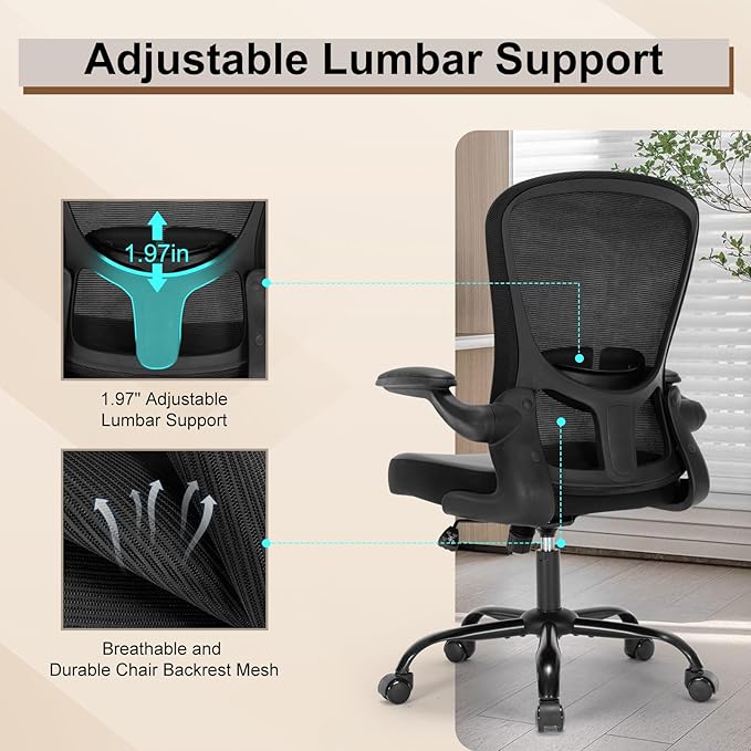 Office Chair, Ergonomic Desk Computer Chair with PU Leather Cushion, Home Office Desk Chairs with Flip-Up Arms and Adjustable Lumbar Support