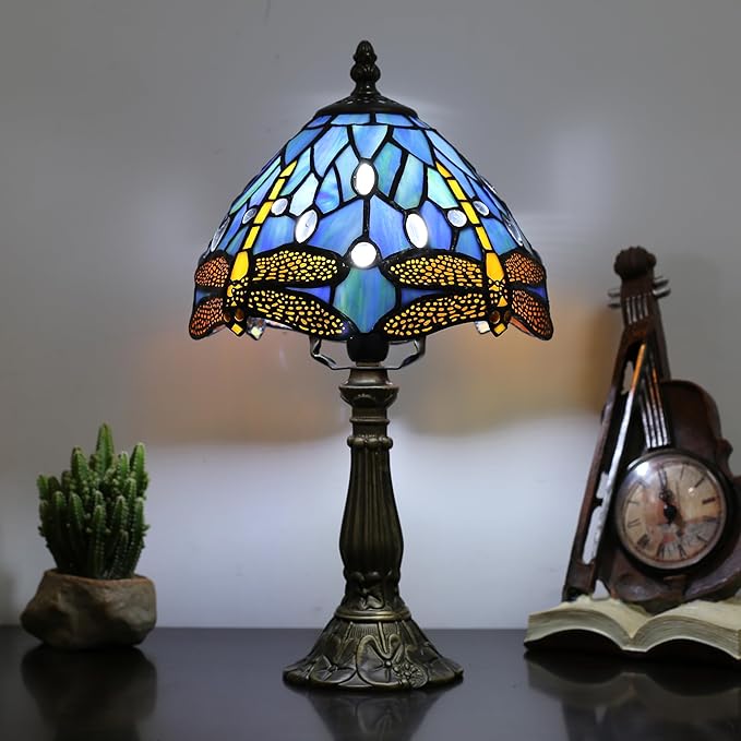 Tiffany Table lamp 8-inch Small Stained Glass lamp in a Vintage Dragonfly Pattern Style can be Used as a Decoration for The Living Room Bedside in The Bedroom or Desk