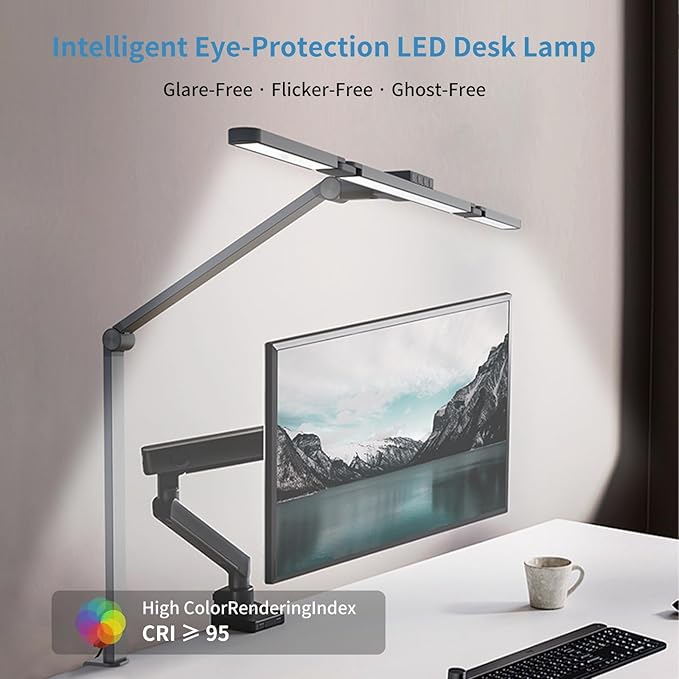 YS-TL23070 Full Spectrum Desk Lamp – Sun Lamp 24W Eye-Care Desk lamp, CRI≥95, 2700K to 6500K Color Temp, Stepless Dimming, Flicker-Free, Low Blue Light, Touch & Remote Control, for Study & Office