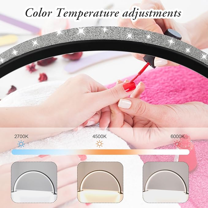 Half-Moon Nail Desk Lamp, Upgrade 30 Inches Lash Light for Eyelash Extensions, 3400 Lumen Led Light for Nails,Tattoo Artists, Adjustable Brightness Warm, Soft, Cool (Black)