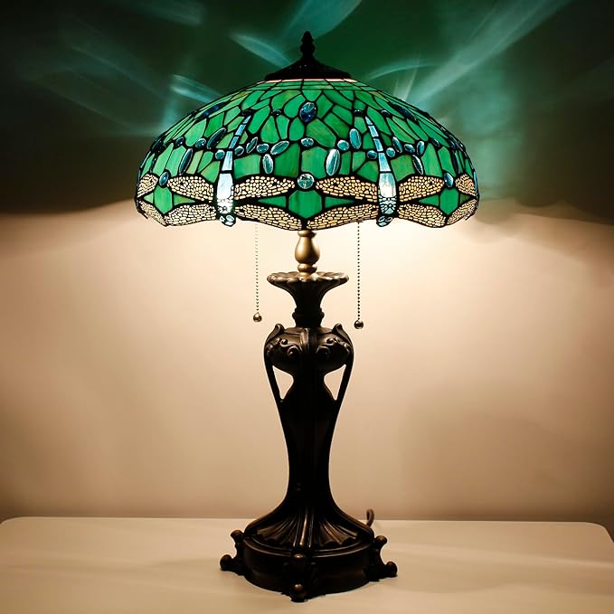 Tiffany Stained Glass Table Lamp 16X16X24 Inch Green Dragonfly Style Desk Bedroom Living Room Antique Reading Light (Green Dragonfly)