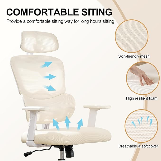 Ergonomic Office Chair,Home Mesh Office Desk Chairs,High Back Office Chair 330 LBS,Swivel Computer Chair with 2D Armrest,Adjustable Headrest,Lumbar Support,Rocking Function (Beige)