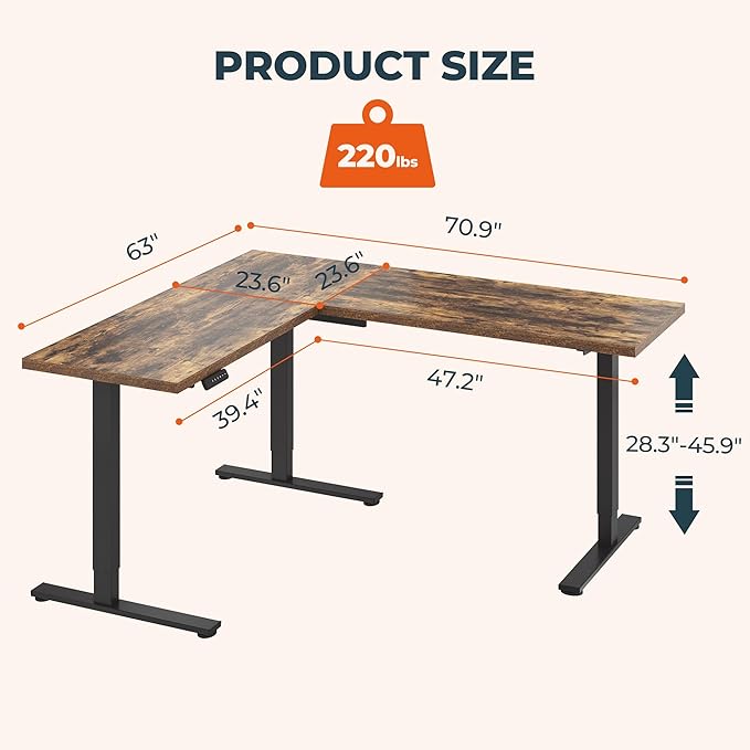 L-Shaped Standing Desk, 71 x 63 Inches Height Adjustable Desk, Sit and Stand up for Work Office Home, Ergonomic Rising Computer Table for Home Office with Splice Board, Rustic Brown