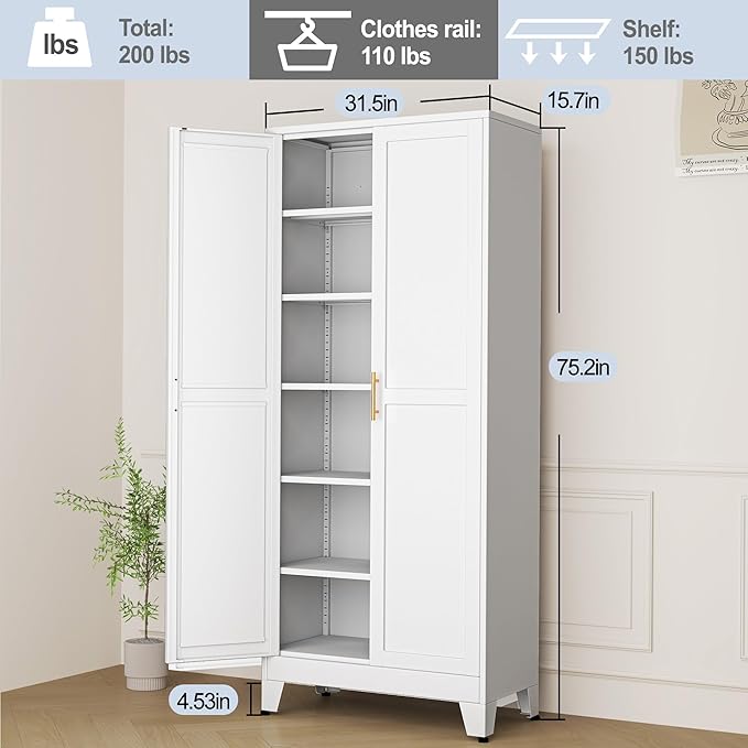White Metal Storage Cabinet,75" Steel Cabinets for Home Office, Kitchen Pantry Storage Cabinet with Doors and 5 Adjustable Shelves, Tool Cabinets, for Office, Home, Garage, School