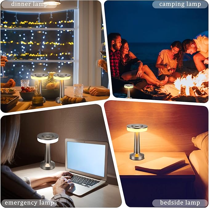 Riakrum Set of 2 LED Portable Cordless Table Lamp with Touch Sensor 3 Color Stepless Dimming Rechargeable Battery up to 15 Hours Cordless Table Light Wireless Lamp for Nursery(Silver,2 Pcs)