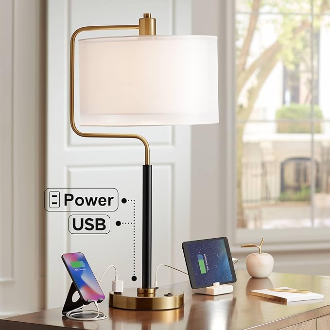 Possini Euro Design Carlyle 30.5" Tall Desk Lamp with USB Charging Ports and Outlet Mid Century Modern Warm Gold Double Drum Shades - Living Room Bedroom House Bedside Nightstand Home Office Family