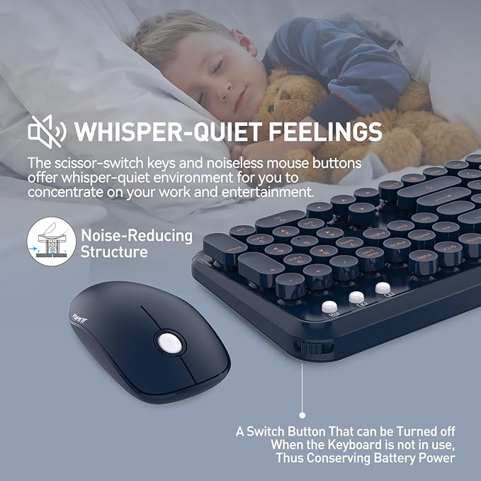 Wireless Keyboard and Mouse Combo with Switch Button- 2.4GHz Cordless Typewriter Keyboard | Auto-Sleep | USB Receiver for Windows PC/Laptop - Dark Blue