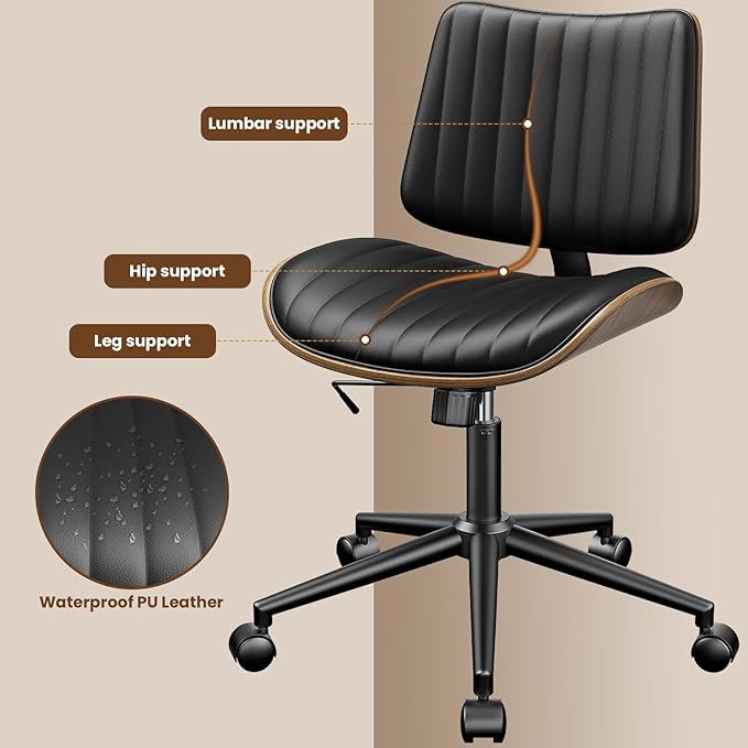 Home Office Chair with Wheels Set of 2, Armless Desk Chair Adjustable Height with Lumbar Support, Swivel Rolling, Modern Walnut Backrest for Office, Small Space, Black, Vertical Stripe