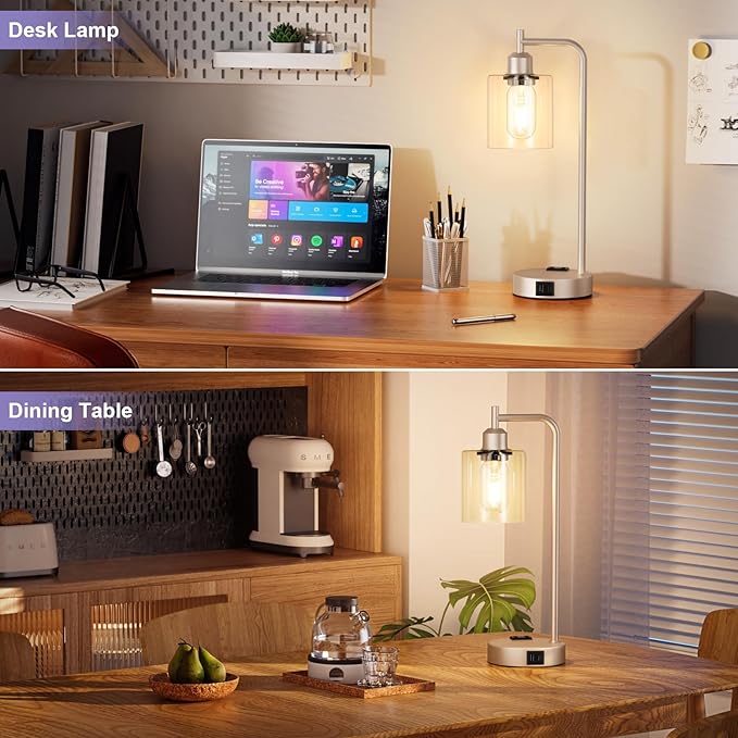 Industrial Touch Table Lamps for Bedrooms Set of 2 - 3-Way Dimmable Lamps with USB C+A Ports and Outlet, Champagne Gold Bedside Lamps with Clear Glass Shade for Living Room, Desk Lamps for Home Office