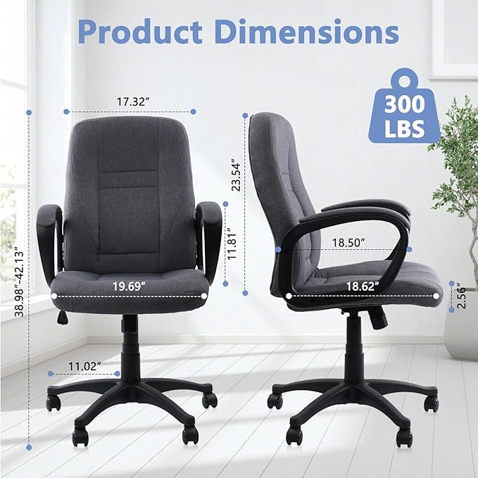 CLATINA Grey Cloth Breathable Fabric Office Desk Chair, Adjustable Height Mid Back Support Swivel Chairs Ergonomic with Arms and Wheels Comfortable Upholstered,300 LBS,Set of 2