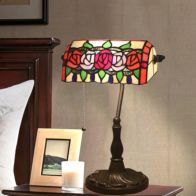 Tiffany Style Stained Glass Banker Desk Lamp, Rose Flower Pattern, Red, Pink, Green, Blue, Alloy Base, 10.62" W x 15.35" H