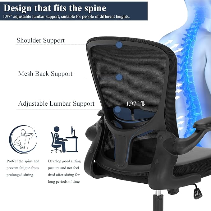 Office Chair, Ergonomic Mesh PU Leather Desk Computer Chair, with Lumbar Support, Adjustable Height, Executive Swivel Rolling with Flip-up Arm, Black