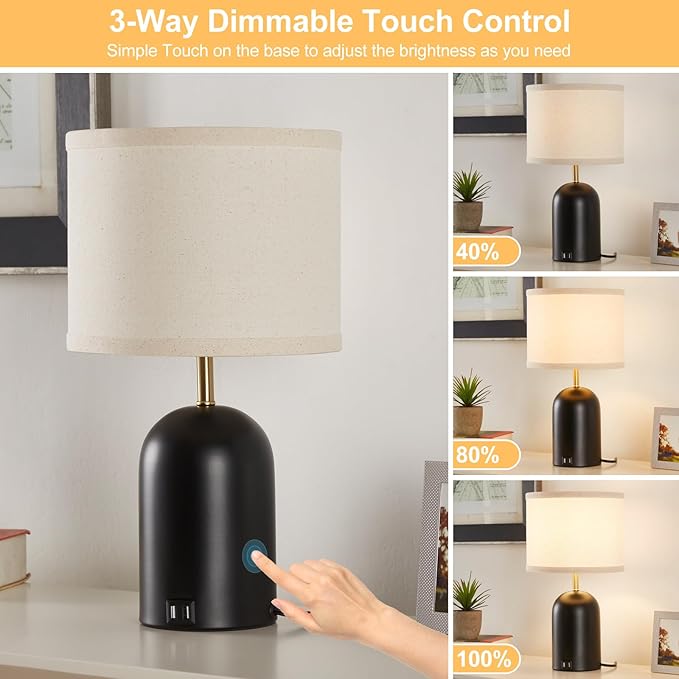 Touch Control Table Lamps Set of 2, Modern Bedside Lamp with 2 USB Ports, 3-Way Dimmable Gold and Black Nightstand Lamp with Fabric Shade for Living Room Bedroom Office Dorm(LED Bulbs Included)