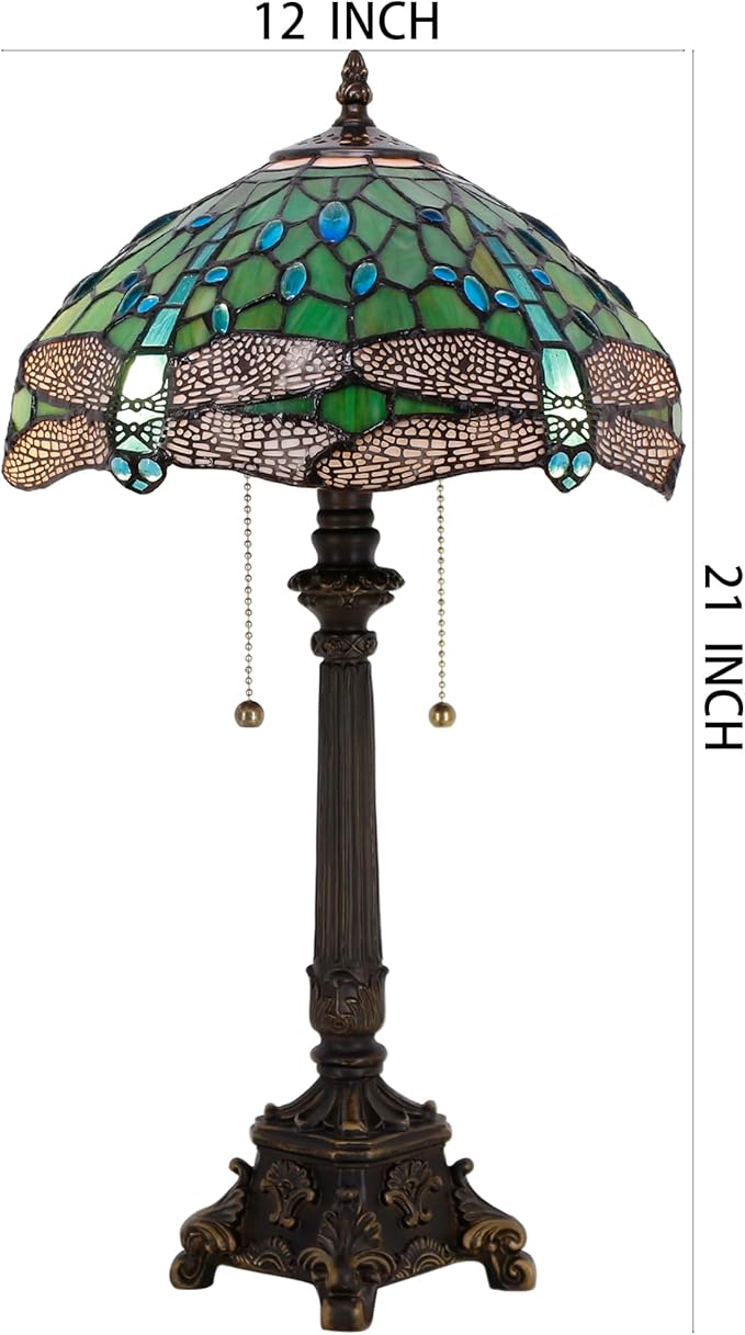 Tiffany Table Lamp Green Stained Glass Desk Lamp 12X12X21 Inches Dragonfly Style Reading Light