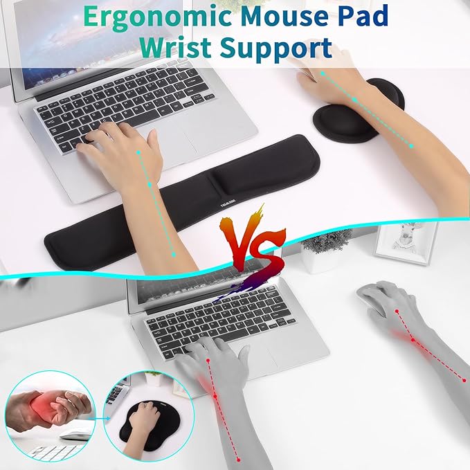 Wrist Rest for Computer Keyboard and Mouse - Ergonomic Memory Foam Mousepad Rests with Non-Slip Base for Office, Gaming, Computer - Pain Relief & Carpal Tunnel Support, Black, 2-Piece Desk Accessories