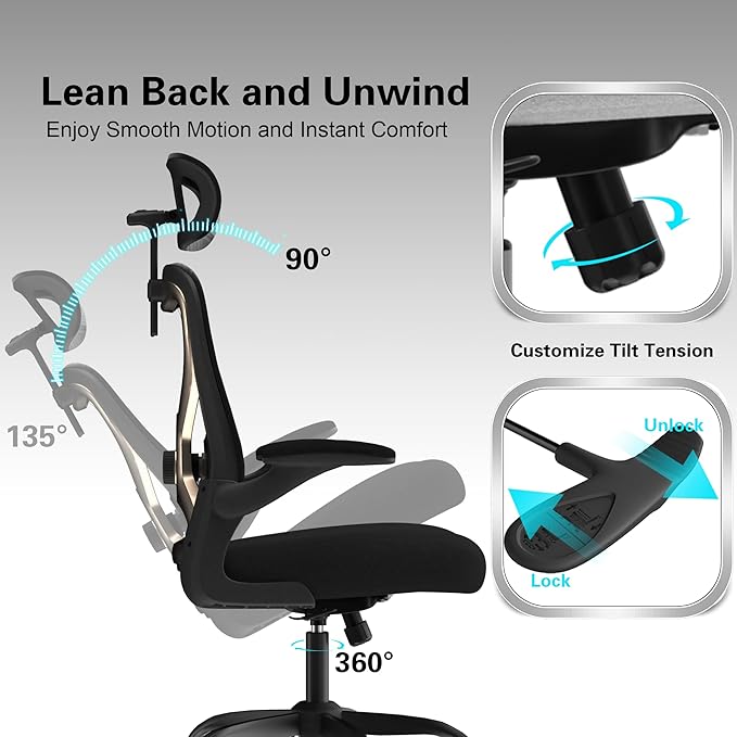 Office Chair for Back & Neck Pain Relief, Virgin Foam Seat, 2D Adjustable Lumbar & 3D Headrest, Flip-Up Armrests, Tilt & Rock for Relaxation, Black/Gold