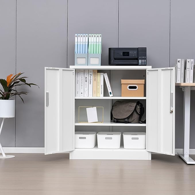 Metal Storage Cabinet with Locking Doors and Adjustable Shelves, 36.2" H Steel Storage Cabinet for Garage, Home, Office, Utility Room-White