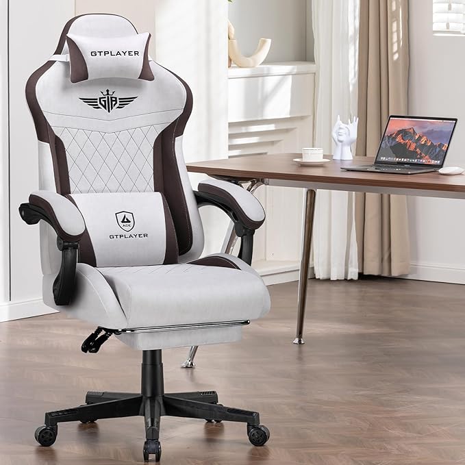 GTPLAYER Gaming Chair, Video Game Chairs with Footrest and Lumbar Support, Computer Chair for Adults with Extended Backrest, Ergonomic Reclining Silla Gamer, Fabric, Brown