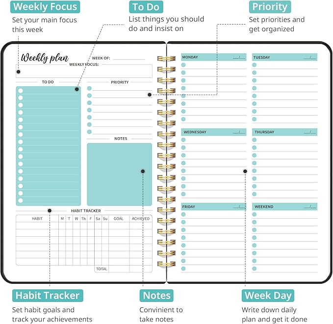 Undated Weekly Planner, Weekly To Do List Notebook with Goal & Habit Tracker Organizer, A5 Weekly Planner Notebook with Spiral Binding, 6.1" x 8.2" - Black