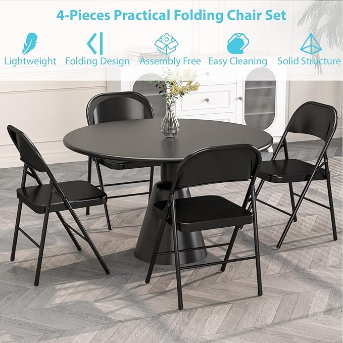 Metal Folding Chairs Steel Frame with Double Hinged for Office Kitchen Dinning Wedding Patio and Garden,No Assembly, Set of 4, Black