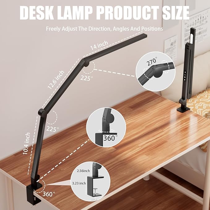 LED Desk Lamp with Clamp, Architect Desk Lamp with Dual Light & Adjustable Flexible Swing Arm, 5 Color Mode & Brightness, Eye Caring Table Light with Memory Function for Home Office Painting Drafting