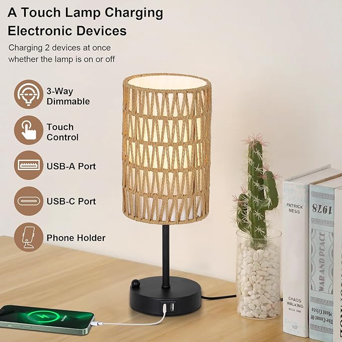 Touch Table Lamp For Bedroom with Bulb, Boho Small Desk Lamp For Living Room With Rattan & Linen Shade, 3 Way Dimmable Bedside Table Lamp For Nightstand With USB Charging Port & Phone Stand For Office